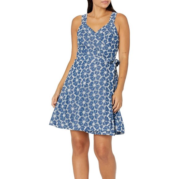 GUESS Women's Sleeveless Sivan Denim Wrap Dress Blue/White Size S/P - Picture 1 of 5